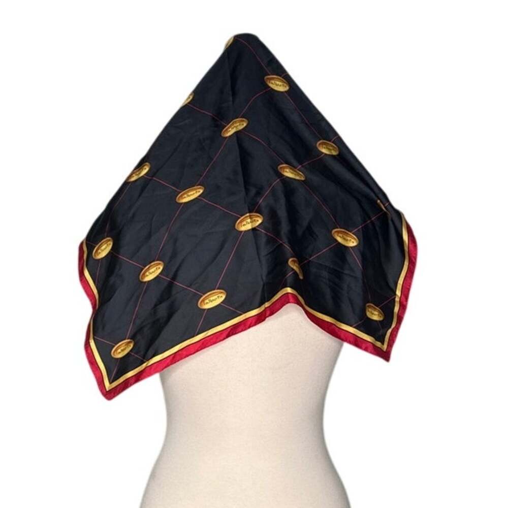 Vintage Talbots 100% Silk Black Square Head Scarf Red Gold Yellow Classy Graphic